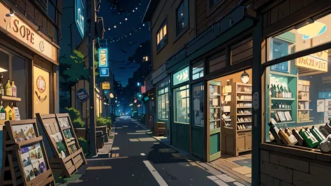 nighttime scene of a small store with a lot of bottles of wine, anime background art, cozy cafe background, style of makoto shin...