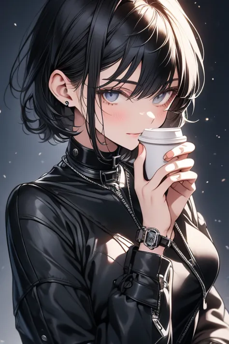 short hair,Slightly dark grey hair,Cafeの女性店員,mode,Long sleeve,Black V-neck outfit,Simple clothes,Cool Beauty,28 years old,A slig...
