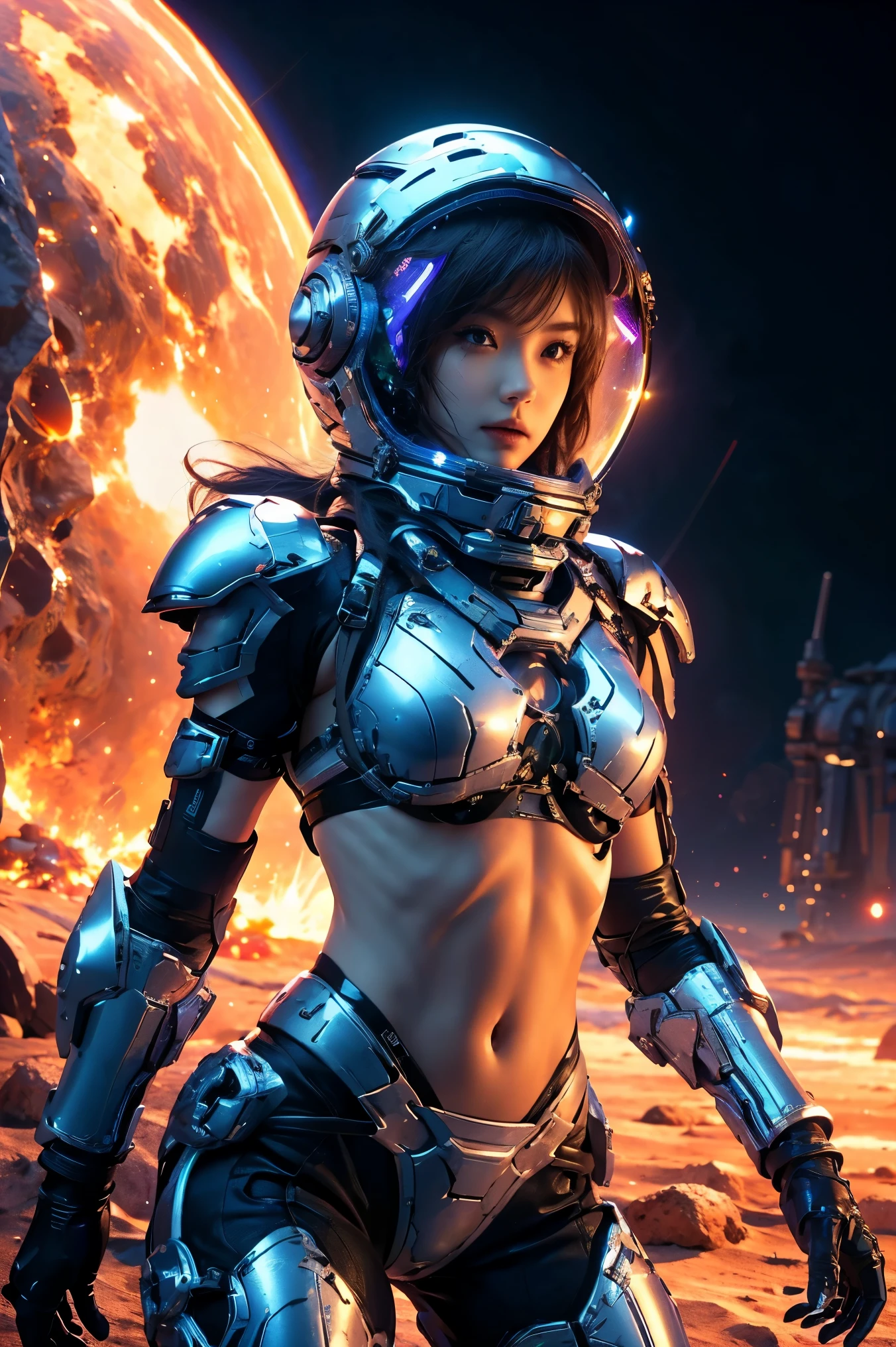 a girl in spacesuit, fully exposed midriff, bare waist,cowboy-shot, in outer space, desolate alien cold planet, Frosted，transparen space-helmet,Transparent full-face helmet ,((bikini top)),((metal Bikini armor)), sexy exposed midriff, full metallic armor, bare midriff and waist, open abdomen, fully exposed abdomen, cowboy-shot, realistic, photorealistic, high quality, 8k, extremely detailed, masterpiece, dynamic pose, dramatic lighting, cinematic, sci-fi, futuristic, vibrant colors