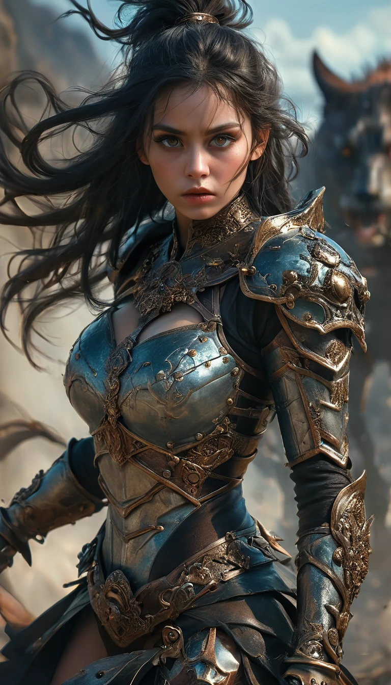 (full body shot:1.4),dark fantasy,horror,realistic,female warrior,mountain woman,dark heavy armor,spooky armor,wild animal skin trim,tangential detail trim,dark ornaments, skulls and bones, dark aura,detailed face,detailed eyes,detailed lips,sharp focus,highly detailed,cinematic lighting,muted colors,dramatic shadows,moody atmosphere,gritty textures,dramatic pose, action shot