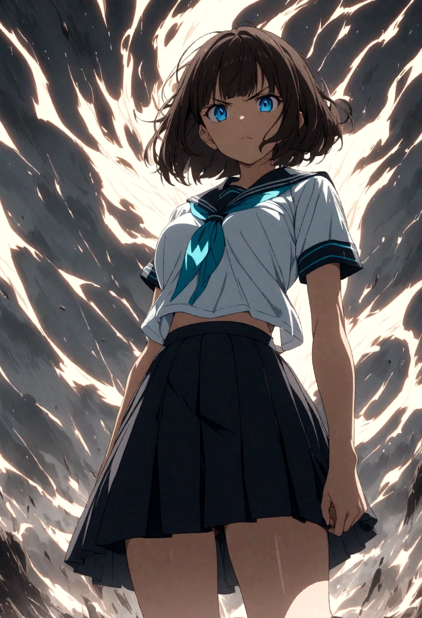 1girl, original, (solo:1.1), standing, raised fist,
dynamic scene,
cowboy shot,medium breasts, intricate dark brown hair, blue eyes,
(bob cut:1.1), (short hair:1.1), (blunt ends:1.2), blunt bangs,
left swept bangs,
serious, determined, powerful, brave, dominant, v-shaped eyebrows,
serafuku, white sailor shirt, dark blue pleated skirt,
dark blue sailor collar, aqua neckerchief, short sleeves,
showing the bra underneath,
glowing lines over body, lightning, (wind, whirlwind:1.2),
cinematic composition, epic composition, cinematic lighting,
outdoors, cinematic angle, great lighting, detailed shadows,
detailed body, anime artwork, anime style, key visual, vibrant,
studio anime, highly detailed, newest, late, anime coloring,
masterpiece, best quality, best aestethic,absurdres, 