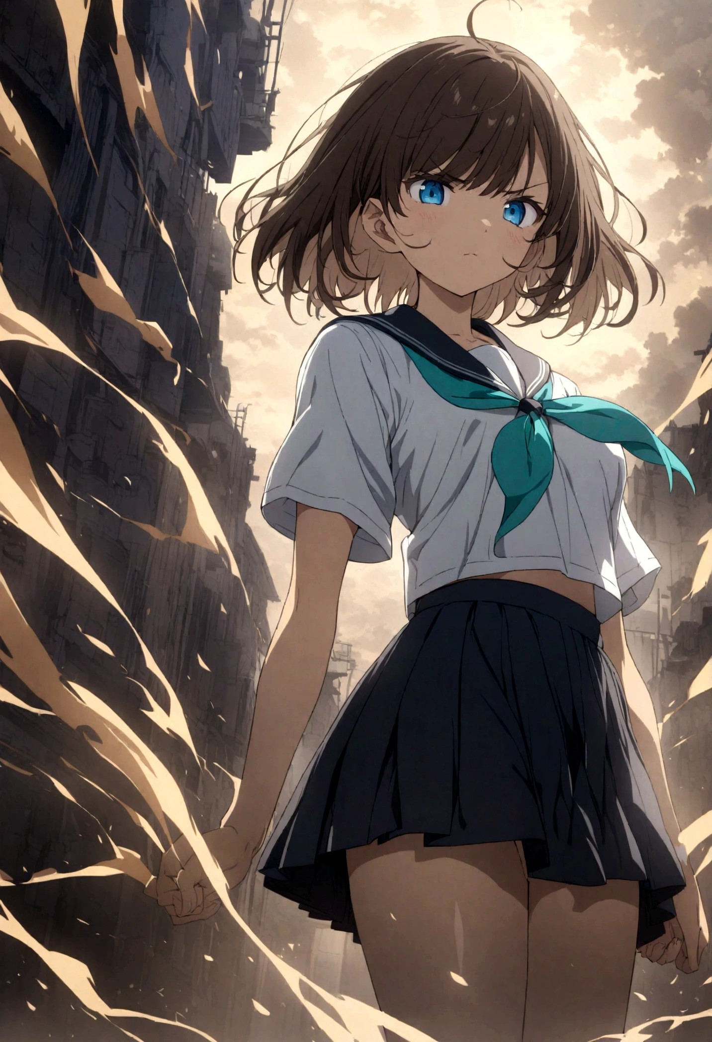 1girl, original, (solo:1.1), standing, raised fist,
dynamic scene,
cowboy shot,medium breasts, intricate dark brown hair, blue eyes,
(bob cut:1.1), (short hair:1.1), (blunt ends:1.2), blunt bangs,
left swept bangs,
serious, determined, powerful, brave, dominant, v-shaped eyebrows,
serafuku, white sailor shirt, dark blue pleated skirt,
dark blue sailor collar, aqua neckerchief, short sleeves,
showing the bra underneath,
glowing lines over body, lightning, (wind, whirlwind:1.2),
cinematic composition, epic composition, cinematic lighting,
outdoors, cinematic angle, great lighting, detailed shadows,
detailed body, anime artwork, anime style, key visual, vibrant,
studio anime, highly detailed, newest, late, anime coloring,
masterpiece, best quality, best aestethic,absurdres, 