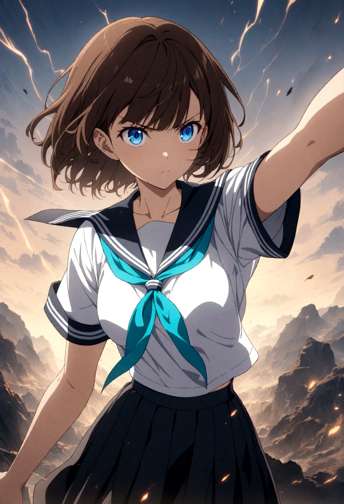 1girl, original, (solo:1.1), standing, raised fist,
dynamic scene,
cowboy shot,medium breasts, intricate dark brown hair, blue eyes,
(bob cut:1.1), (short hair:1.1), (blunt ends:1.2), blunt bangs,
left swept bangs,
serious, determined, powerful, brave, dominant, v-shaped eyebrows,
serafuku, white sailor shirt, dark blue pleated skirt,
dark blue sailor collar, aqua neckerchief, short sleeves,
showing the bra underneath,
glowing lines over body, lightning, (wind, whirlwind:1.2),
cinematic composition, epic composition, cinematic lighting,
outdoors, cinematic angle, great lighting, detailed shadows,
detailed body, anime artwork, anime style, key visual, vibrant,
studio anime, highly detailed, newest, late, anime coloring,
masterpiece, best quality, best aestethic,absurdres, 