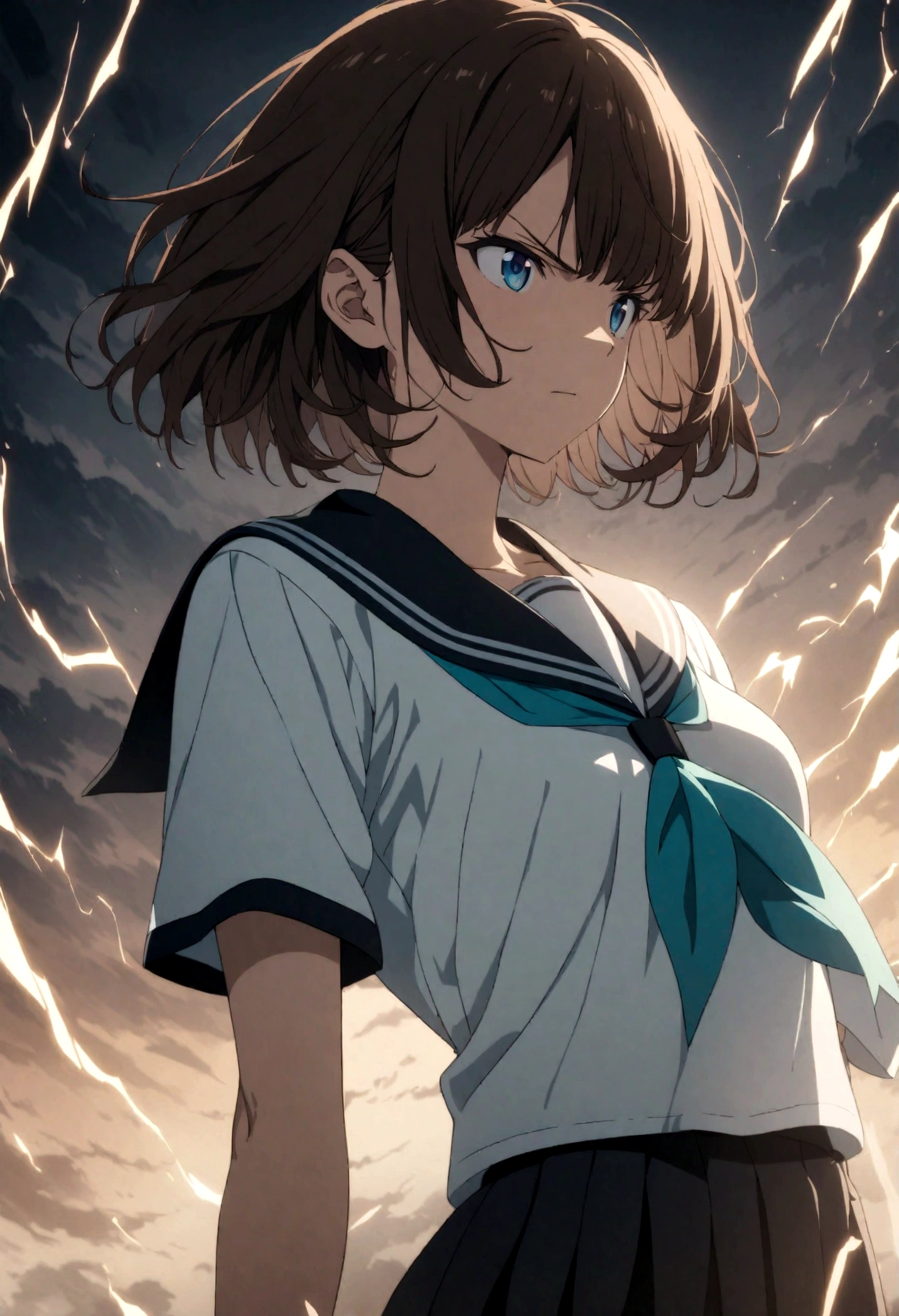 1girl, original, (solo:1.1), standing, raised fist,
dynamic scene,
cowboy shot,medium breasts, intricate dark brown hair, blue eyes,
(bob cut:1.1), (short hair:1.1), (blunt ends:1.2), blunt bangs,
left swept bangs,
serious, determined, powerful, brave, dominant, v-shaped eyebrows,
serafuku, white sailor shirt, dark blue pleated skirt,
dark blue sailor collar, aqua neckerchief, short sleeves,
showing the bra underneath,
glowing lines over body, lightning, (wind, whirlwind:1.2),
cinematic composition, epic composition, cinematic lighting,
outdoors, cinematic angle, great lighting, detailed shadows,
detailed body, anime artwork, anime style, key visual, vibrant,
studio anime, highly detailed, newest, late, anime coloring,
masterpiece, best quality, best aestethic,absurdres, 