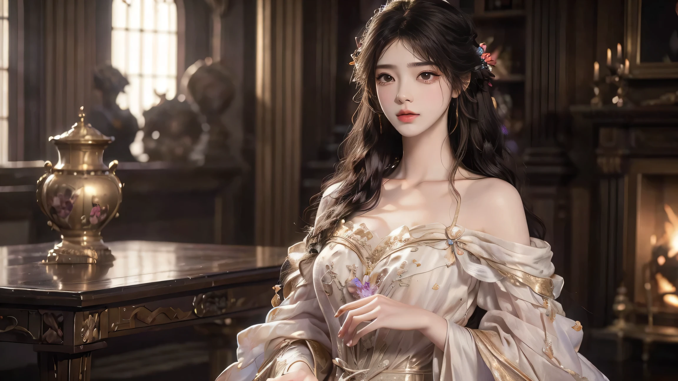 (Best quality,8K,A high resolution,Masterpiece:1.2),Ultra-detailed,(Realistic,Photorealistic,photo-realistic:1.37),Portrait,Creative style artwork,Historical,classical,Sophisticated,plethora of colors,Highly detailed,Soft lighting,luxurious environment,detailed gown,Vibrant flowers,detailed jewellery,Ethereal atmosphere,Elegant Pose,red dress,Graceful curves,Gold body proportions，Flowing hair,Breathtaking textile patterns,Harsh purple eyes,Delicate floral decoration,A dazzling array of crystal accessories,Mysterious and dreamy atmosphere,Impeccable attention to detail.