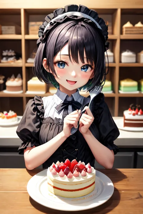 cake、、mouth open、holding a fork、black hair、short bob、gothic lolita、hands on the vessel、smile、smiling、inside the store、