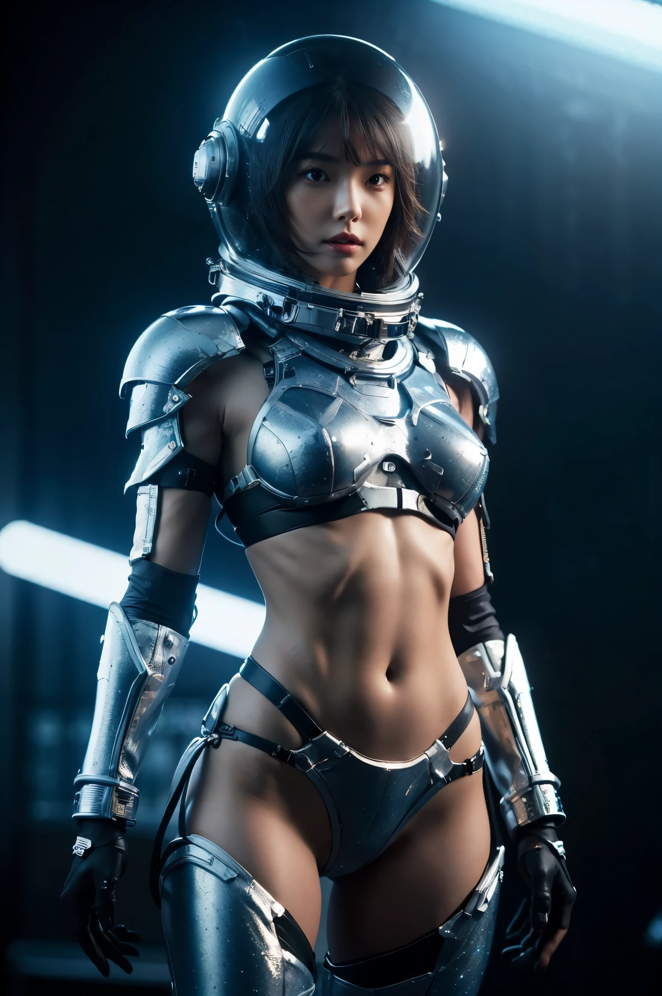 a girl in spacesuit, fully exposed midriff, bare waist,cowboy-shot, in outer space, desolate alien cold planet, Frosted，transparen space-helmet,Transparent full-face helmet ,((bikini top)),((metal Bikini armor)), sexy exposed midriff, full metallic armor, bare midriff and waist, open abdomen, fully exposed abdomen, cowboy-shot, realistic, photorealistic, high quality, 8k, extremely detailed, masterpiece, dynamic pose, dramatic lighting, cinematic, sci-fi, futuristic, vibrant colors