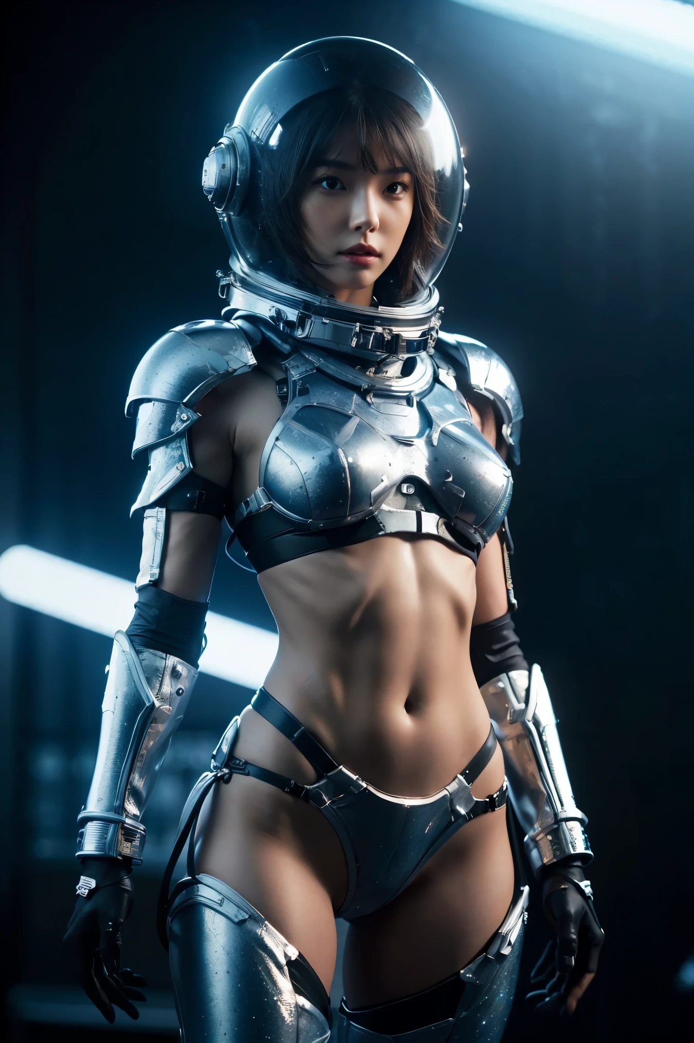 una chica en traje espacial, abdomen completamente expuesto, cintura desnuda,tiro de vaquero, En el espacio exterior, Planeta frío alienígena desolado, escarchado，casco-espacial transparente,Casco integral transparente ,((parte superior del bikini)),((armadura de bikini de metal)), abdomen expuesto sexy, armadura metálica completa, abdomen y cintura desnudos, open abdomen, abdomen completamente expuesto, tiro de vaquero, Realista, photoRealista, alta calidad, 8K, extremadamente detallado, obra maestra, pose dinámica, iluminación dramática, cinematográfico, ciencia ficción, futuristic, Colores vibrantes