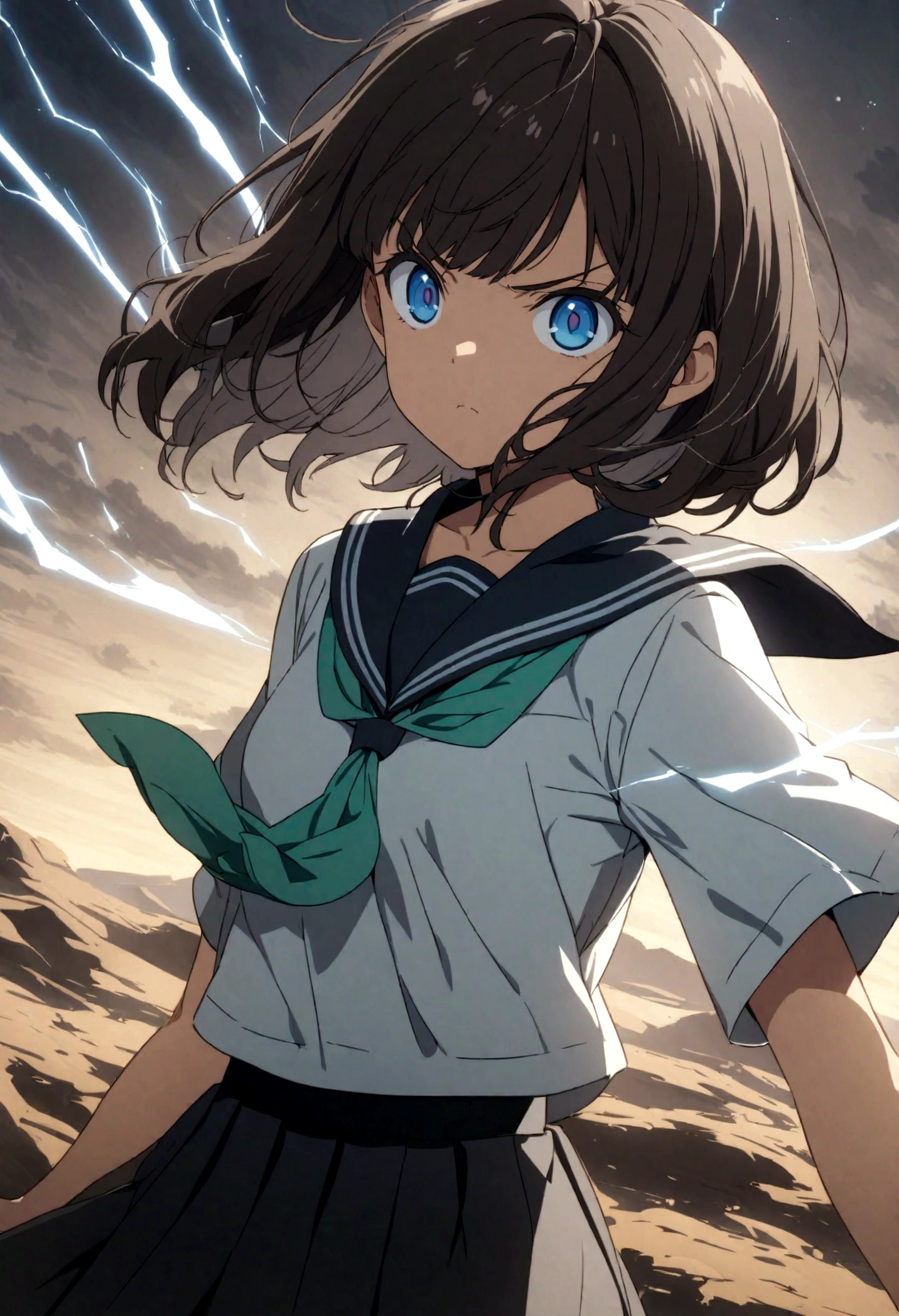 1girl, original, (solo:1.1), standing, raised fist,
dynamic scene,
cowboy shot,medium breasts, intricate dark brown hair, blue eyes,
(bob cut:1.1), (short hair:1.1), (blunt ends:1.2), blunt bangs,
left swept bangs,uncensored,
serious, determined, v-shaped eyebrows,
serafuku, white sailor shirt, dark blue pleated skirt,
dark blue sailor collar, aqua neckerchief, short sleeves,
showing the bra underneath,
glowing lines over body, lightning, (wind, whirlwind:1.2),
cinematic composition, epic composition, cinematic lighting,
outdoors, cinematic angle, great lighting, detailed shadows,
detailed body, anime artwork, anime style, key visual, vibrant,
studio anime, highly detailed, newest, late, anime coloring,
masterpiece, best quality, best aestethic,absurdres, 