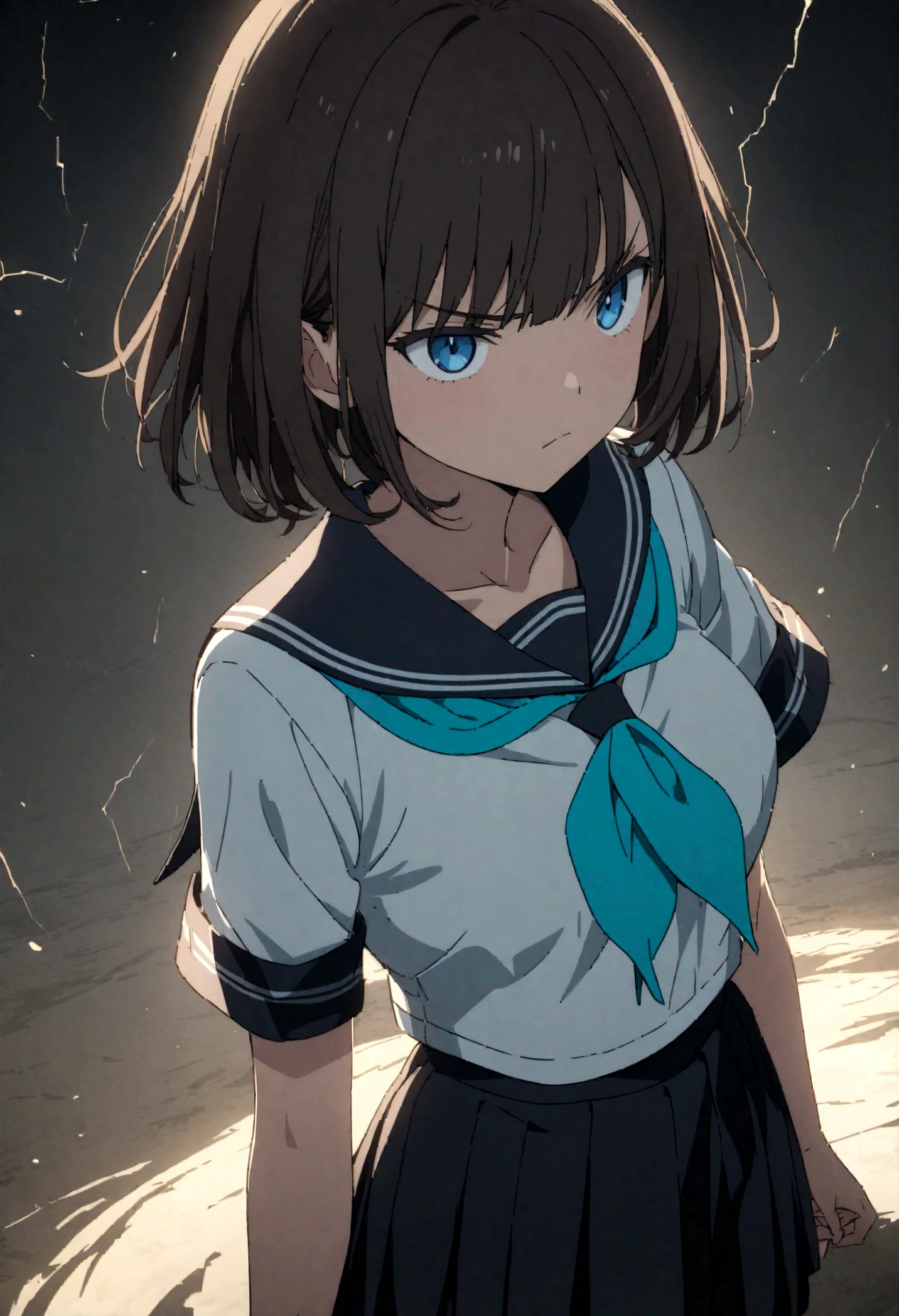 1girl, original, (solo:1.1), standing, raised fist,
dynamic scene,
cowboy shot,medium breasts, intricate dark brown hair, blue eyes,
(bob cut:1.1), (short hair:1.1), (blunt ends:1.2), blunt bangs,
left swept bangs,uncensored,
serious, determined, v-shaped eyebrows,
serafuku, white sailor shirt, dark blue pleated skirt,
dark blue sailor collar, aqua neckerchief, short sleeves,
showing the bra underneath,
glowing lines over body, lightning, (wind, whirlwind:1.2),
cinematic composition, epic composition, cinematic lighting,
outdoors, cinematic angle, great lighting, detailed shadows,
detailed body, anime artwork, anime style, key visual, vibrant,
studio anime, highly detailed, newest, late, anime coloring,
masterpiece, best quality, best aestethic,absurdres, 