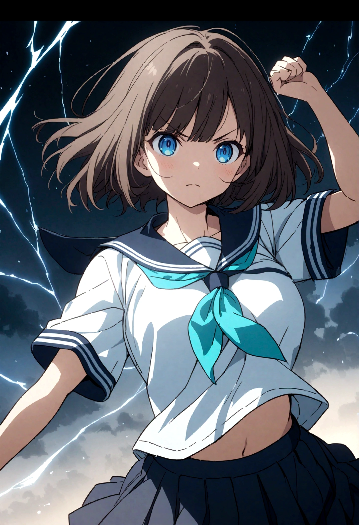 1girl, original, (solo:1.1), standing, raised fist,
dynamic scene,
cowboy shot,medium breasts, intricate dark brown hair, blue eyes,
(bob cut:1.1), (short hair:1.1), (blunt ends:1.2), blunt bangs,
left swept bangs,uncensored,
serious, determined, v-shaped eyebrows,
serafuku, white sailor shirt, dark blue pleated skirt,
dark blue sailor collar, aqua neckerchief, short sleeves,
showing the bra underneath,
glowing lines over body, lightning, (wind, whirlwind:1.2),
cinematic composition, epic composition, cinematic lighting,
outdoors, cinematic angle, great lighting, detailed shadows,
detailed body, anime artwork, anime style, key visual, vibrant,
studio anime, highly detailed, newest, late, anime coloring,
masterpiece, best quality, best aestethic,absurdres, 