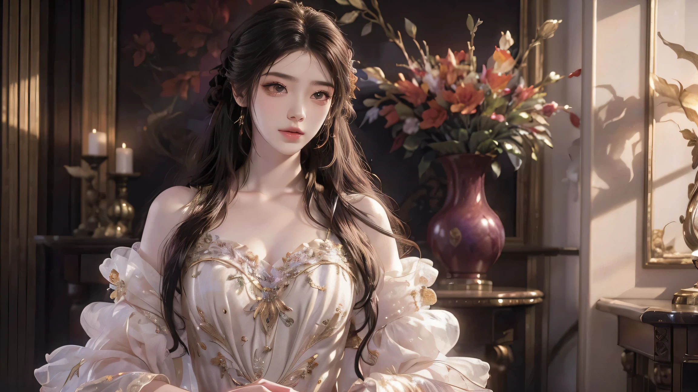 (Best quality,8K,A high resolution,Masterpiece:1.2),Ultra-detailed,(Realistic,Photorealistic,photo-realistic:1.37),Portrait,Creative style artwork,Historical,classical,Sophisticated,plethora of colors,Highly detailed,Soft lighting,luxurious environment,detailed gown,Vibrant flowers,detailed jewellery,Ethereal atmosphere,Elegant Pose,red dress,Graceful curves,Gold body proportions，Flowing hair,Breathtaking textile patterns,Harsh purple eyes,Delicate floral decoration,A dazzling array of crystal accessories,Mysterious and dreamy atmosphere,Impeccable attention to detail.