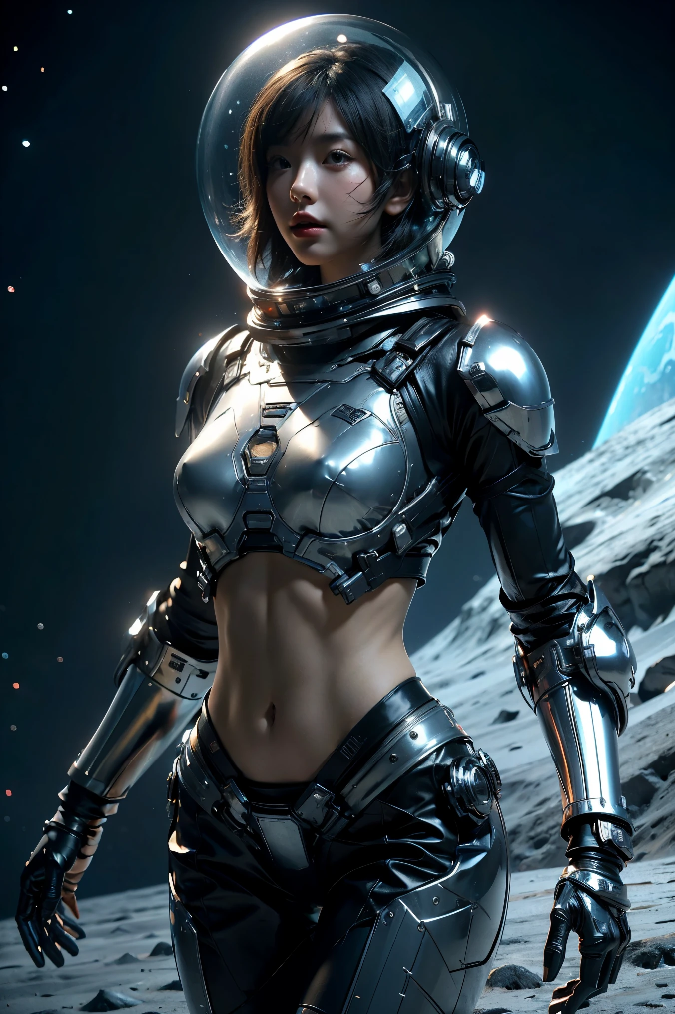 a girl in spacesuit, fully exposed midriff, bare waist,cowboy-shot, in outer space, desolate alien cold planet,transparen space-helmet,Transparent full-face helmet ,((bikini top)),((metal Bikini armor)), sexy exposed midriff, full metallic armor, bare midriff and waist, open abdomen, fully exposed abdomen, cowboy-shot, realistic, photorealistic, high quality, 8k, extremely detailed, masterpiece, dynamic pose, dramatic lighting, cinematic, sci-fi, futuristic, vibrant colors