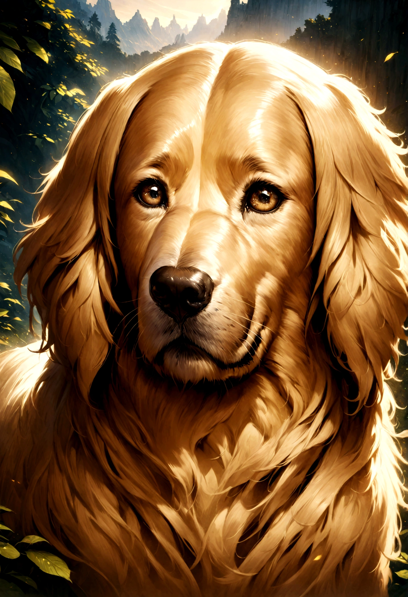 lovely digital painting, beautiful detailed digital art, award-winning creature portrait, realistic illustration, highly detailed 4k digital art, highly detailed realistic, very detailed digital painting, highly detailed digital painting, highly detailed digital painting, hyperrealistic fantasy art, detailed digital painting, realistic fantasy illustration, golden retriever, clean face, png background