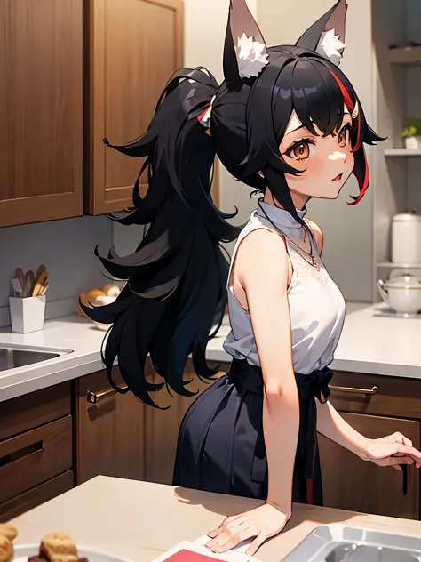 nsfw,miosha1、barrette、side blade、ponytail、wolf tail、black skirt、white shirt、necklace、sleeveless shirt,kitchen,(perfect hands),(p...