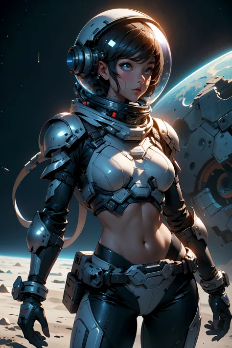 a girl in spacesuit, fully exposed midriff, bare waist,cowboy-shot, in outer space, desolate alien cold planet,transparen space-...