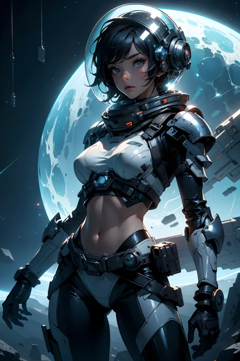 a girl in spacesuit, fully exposed midriff, bare waist,cowboy-shot, in outer space, desolate alien cold planet,transparen space-...