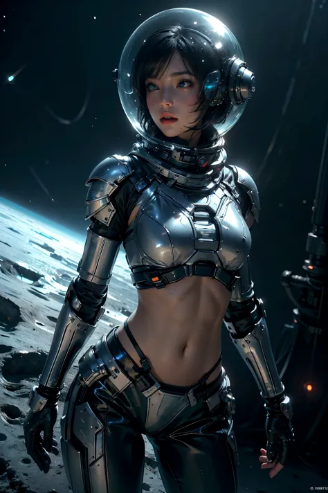 a girl in spacesuit, fully exposed midriff, bare waist,cowboy-shot, in outer space, desolate alien cold planet,transparen space-...