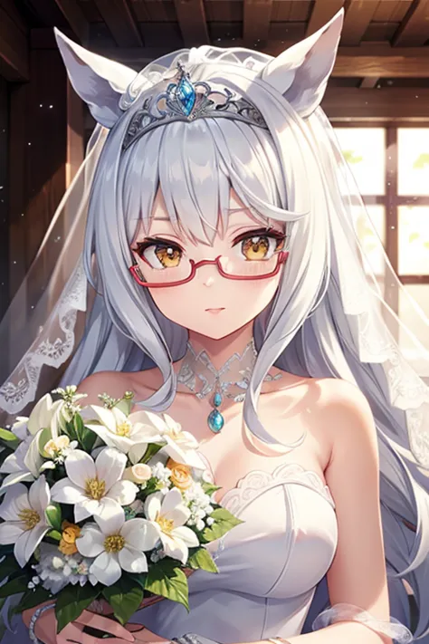 biwa hayahide \(umamusume\) wearing a white wedding dress, under rim glasses, tiara, wedding veil in front of face, wedding bouq...