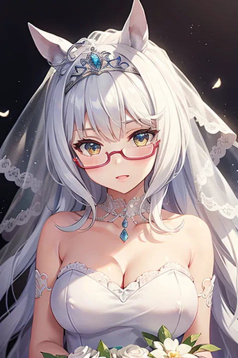 biwa hayahide \(umamusume\) wearing a white wedding dress, under rim glasses, tiara, wedding veil in front of face, wedding bouq...