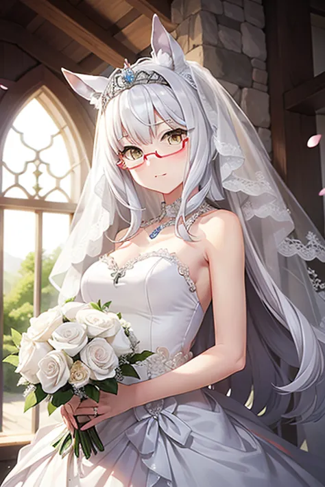 biwa hayahide \(umamusume\) wearing a white wedding dress, under rim glasses, tiara, wedding veil in front of face, wedding bouq...