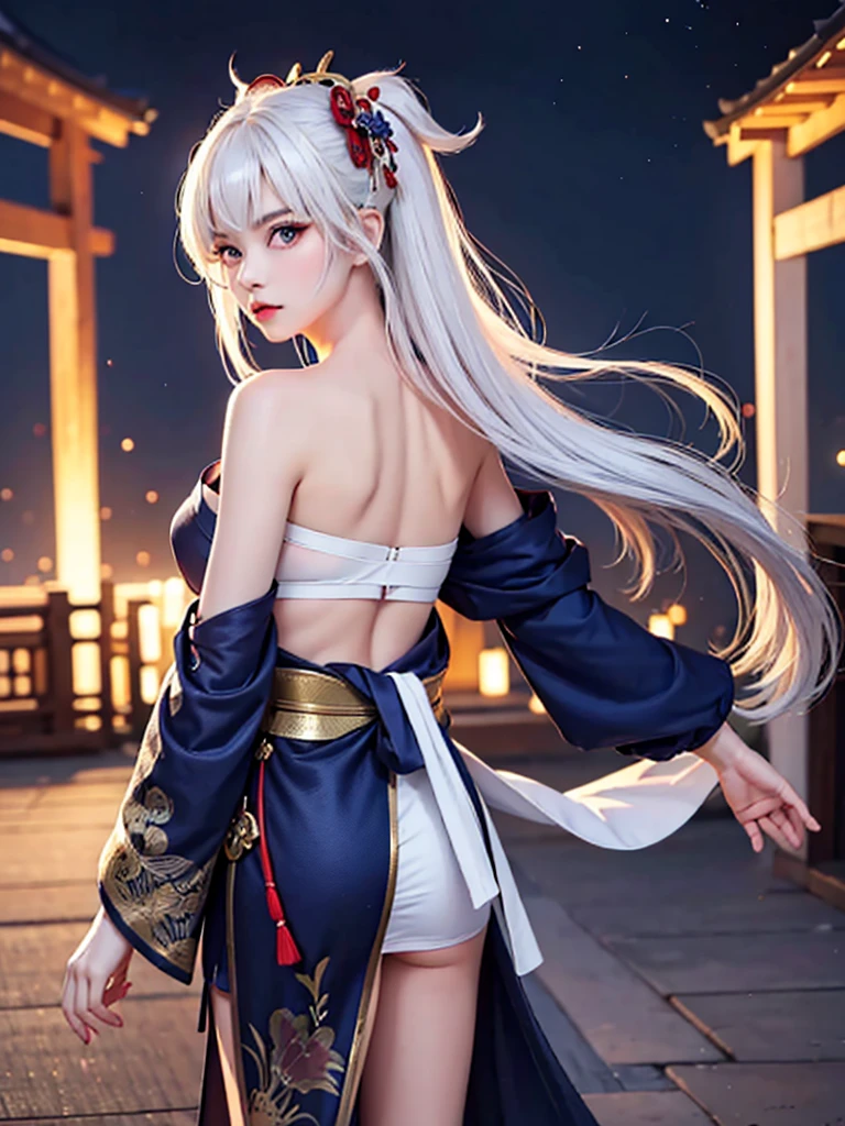 (masterpiece, best quality, Hook of Holland)(1 Girl, Solitary)(white hair,Lapis Lazuli Eyes,Long straight hair)(More,Japanese clothes,one shoulder、Wear a kimono:1.4、Black long kimono、One shoulder is bare)(Serious expression, Woman with a sword:1.3、Flowing hair)(Japan building、Mysterious Night、Light particles floating around woman、Wonderful atmosphere)From the back
