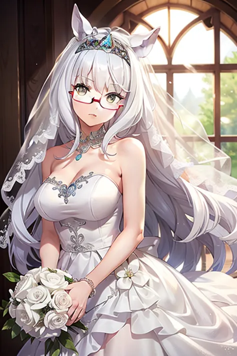 biwa hayahide \(umamusume\) wearing a white wedding dress, under rim glasses, tiara, wedding veil in front of face, wedding bouq...