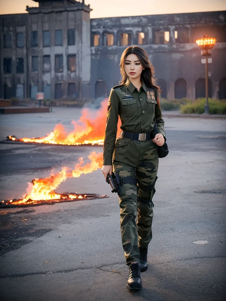 Fashion female model 1 ，He has a submachine gun in his hand，The firelight illuminated her face，，Divine eye，Sexy lips，high nose，Human Development Report，girl，(((沙漠迷彩uniform)))，uniform，Military belt，Tactical camouflage pants，Delicate face，Sexy highlighted，，Breast augmentation，Buttocks fat，The background is the Middle East battlefield，Smoke，Fire rushed into the sky，combustion，City ruins，4K Ultra HD, Ultra-high resolution, (lifelike: 1.4), best quality，masterpiece，Professional photography。