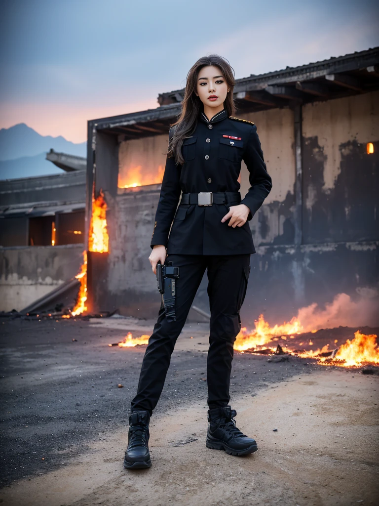 Fashion female model 1 ，He has a submachine gun in his hand，The firelight illuminated her face，，Divine eye，Sexy lips，high nose，Human Development Report，girl，(((沙漠迷彩uniform)))，uniform，Military belt，Tactical camouflage pants，Delicate face，Sexy highlighted，，Breast augmentation，Buttocks fat，The background is the Middle East battlefield，Smoke，Fire rushed into the sky，combustion，City ruins，4K Ultra HD, Ultra-high resolution, (lifelike: 1.4), best quality，masterpiece，Professional photography。