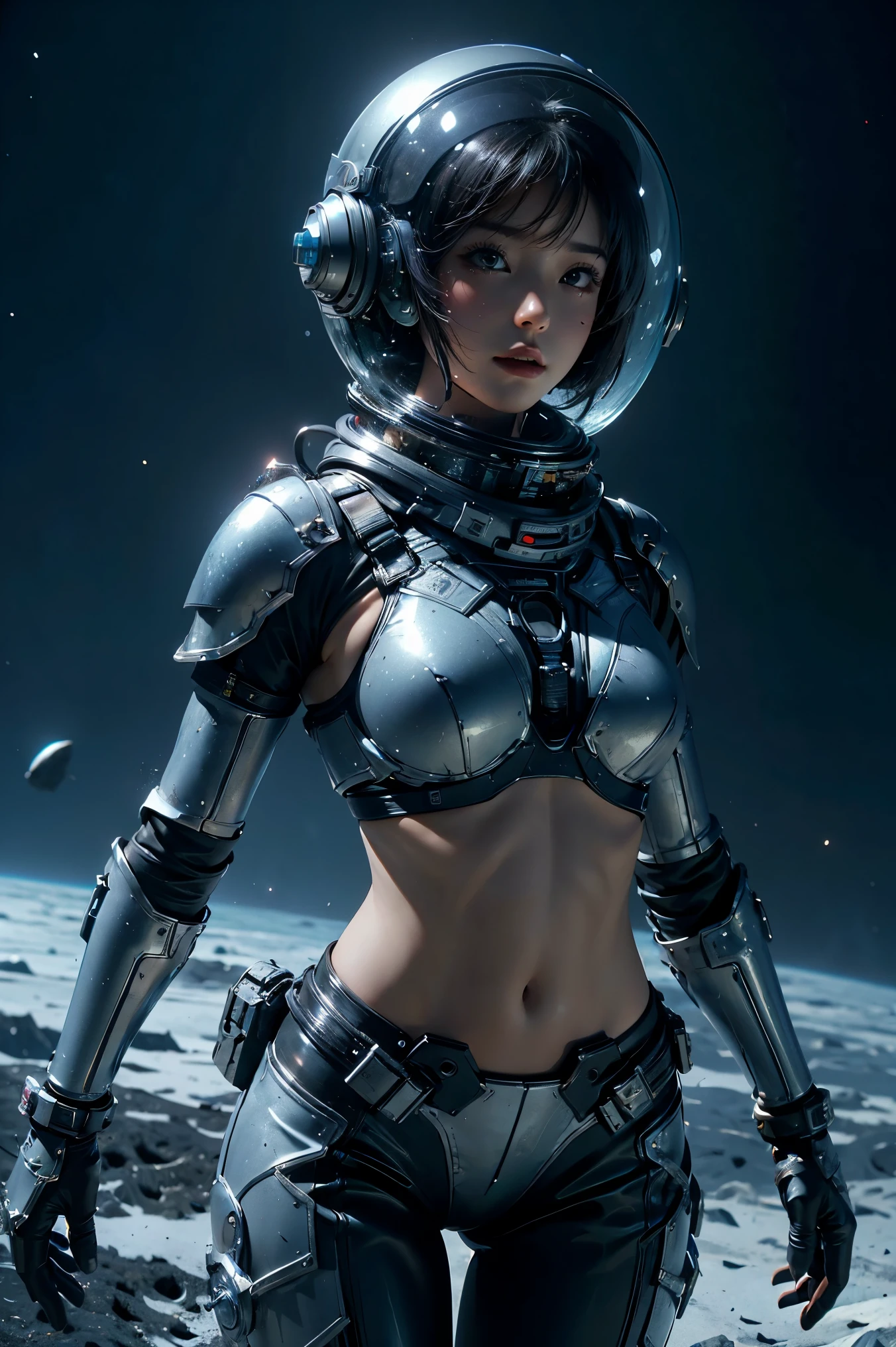 una chica en traje espacial, abdomen completamente expuesto, cintura desnuda,tiro de vaquero, En el espacio exterior, Planeta frío alienígena desolado,casco-espacial transparente,Casco integral transparente ,((parte superior del bikini)),((armadura de bikini de metal)), abdomen expuesto sexy, armadura metálica completa, abdomen y cintura desnudos, open abdomen, abdomen completamente expuesto, tiro de vaquero, Realista, photoRealista, alta calidad, 8K, extremadamente detallado, obra maestra, pose dinámica, iluminación dramática, cinematográfico, ciencia ficción, futuristic, Colores vibrantes