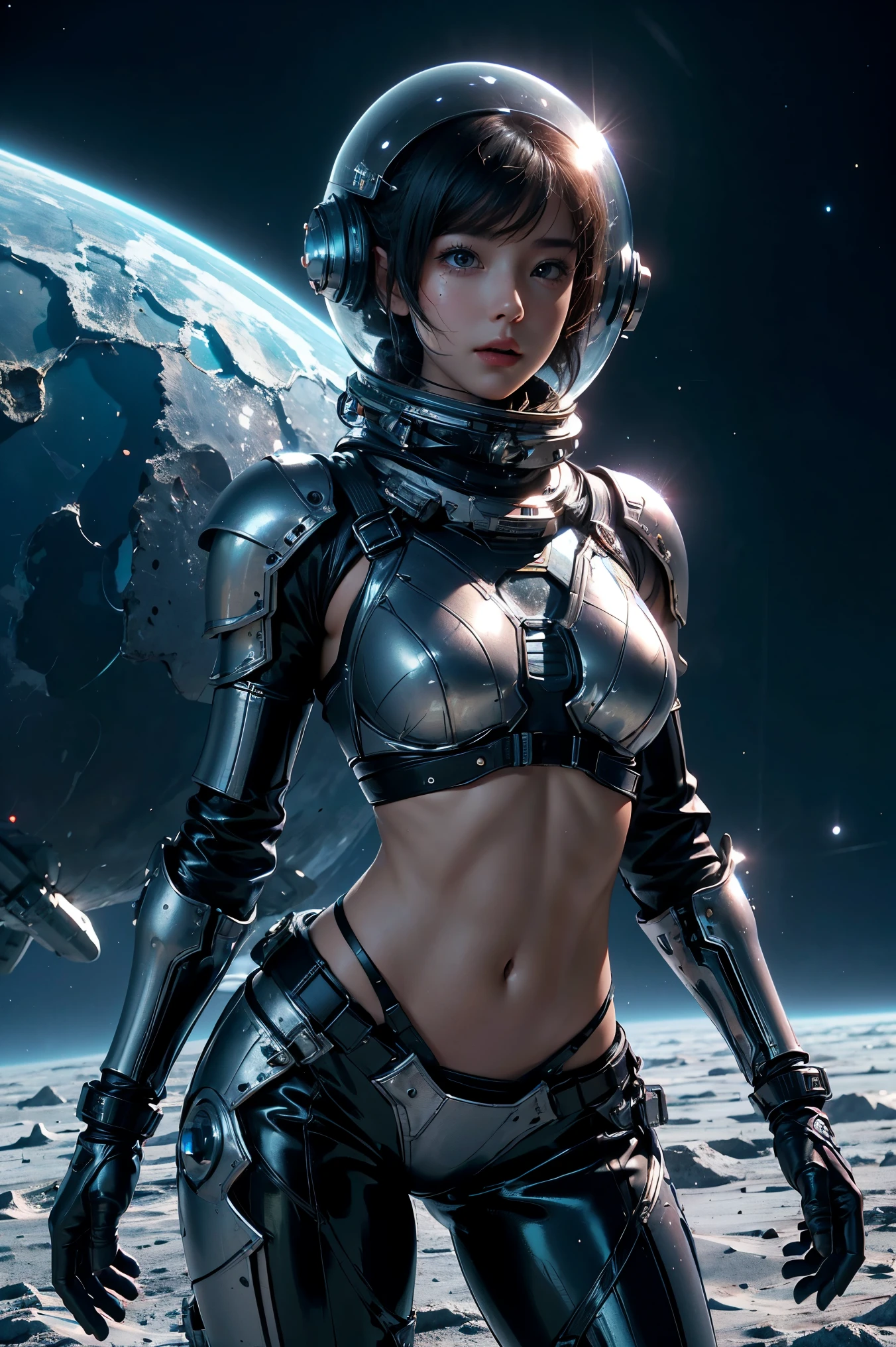 una chica en traje espacial, abdomen completamente expuesto, cintura desnuda,tiro de vaquero, En el espacio exterior, Planeta frío alienígena desolado,casco-espacial transparente,Casco integral transparente ,((parte superior del bikini)),((armadura de bikini de metal)), abdomen expuesto sexy, armadura metálica completa, abdomen y cintura desnudos, open abdomen, abdomen completamente expuesto, tiro de vaquero, Realista, photoRealista, alta calidad, 8K, extremadamente detallado, obra maestra, pose dinámica, iluminación dramática, cinematográfico, ciencia ficción, futuristic, Colores vibrantes