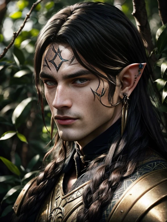 "((highly detailed, detailed eyes, detailed face, clear and realistic facial features, photorealistic, realistic light; cinematic)), (full body) gorgeous male Tuatha de Danann, ethereal-looking, wearing fine elven clothing for the hunt, black hair, intense eyes, hunting you, facial markings, face tattoo, elven ears, seductive, smirking, looking at camera"
