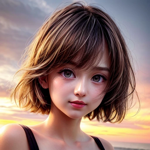 (Acutance:0.85),(Ultra-detailed RAW photorealistic:1.37), Tiny girl、Tropical Beach、evening、Stroll along the beach、(Gazing at the colorful sunset)、(Orange rays illuminating face, close-up:1.4), Gust of wind . (((Extremely detailed NOGIZAKA face))), perfect anatomy, Childish, captivating gaze, elaborate detailed Eyes with (sparkling highlights:1.2), long eyelashes、Glossy RED Lips with beautiful details, Coquettish tongue, Rosy cheeks, (Radiant natural skin) with clear transparency . { (Dynamic joyful expressions) | :d) }, Random hair color, (no Large eyes).