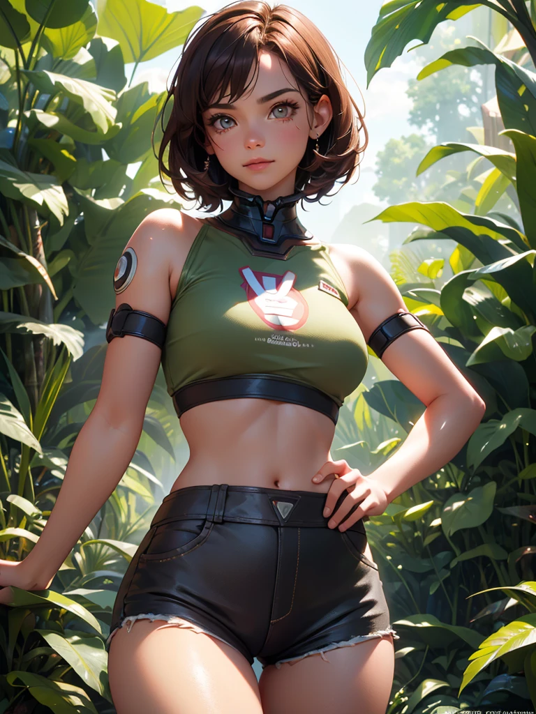 1 Girl, Explore the beautiful rainforest, Heaven, (masterpiece), (best quality), tracker, 25 years old, brown hair, Spiked Hair, short hair, Lara Croft shorts and crop top, orange goggles, ((detailed)), ((best quality)), ((masterpiece)), extremely detailed CG unity 8K wallpaper, 32k, focus sharp, photo of Perfect eyes, Perfect eyes, masterpiece, Raw, beautiful art, Professional artist, 8K, very detailed face, very detailed hair, perfectly dRawn body, Pretty Face, very detailed eyes, Smile, rosy cheeks, Intricate details in eyes, Perfect fit, Beautiful Body, extremely detailed, Intricate details, highly detailed, sharp focus, detailed skin, realistic skin texture, texture, detailed eyes, high resolution, Kodak Vision Color Films_\(extremist\), Post-Processing, Maximum details, Roughness, real life, extremist realistic, photorealism, photography, absurd, RAW photo, best quality, high detail RAW color photo, professional photo, extremely detailed UHD 8K wallpaper unit, best quality, High resolution, (masterpiece, Top quality, high resolution:1.4), photo, Movie, Film Grain, sharp, Soft natural light, magic photography, super detailed, Anatomically correct, Perfect anatomical structure, Camel toe.