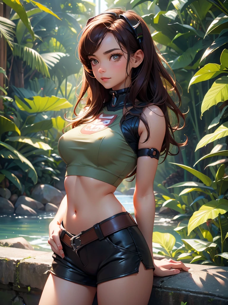 1 Girl, Explore the beautiful rainforest, Heaven, (masterpiece), (best quality), tracker, 25 years old, brown hair, Spiked Hair, short hair, Lara Croft shorts and crop top, orange goggles, ((detailed)), ((best quality)), ((masterpiece)), extremely detailed CG unity 8K wallpaper, 32k, focus sharp, photo of Perfect eyes, Perfect eyes, masterpiece, Raw, beautiful art, Professional artist, 8K, very detailed face, very detailed hair, perfectly dRawn body, Pretty Face, very detailed eyes, Smile, rosy cheeks, Intricate details in eyes, Perfect fit, Beautiful Body, extremely detailed, Intricate details, highly detailed, sharp focus, detailed skin, realistic skin texture, texture, detailed eyes, high resolution, Kodak Vision Color Films_\(extremist\), Post-Processing, Maximum details, Roughness, real life, extremist realistic, photorealism, photography, absurd, RAW photo, best quality, high detail RAW color photo, professional photo, extremely detailed UHD 8K wallpaper unit, best quality, High resolution, (masterpiece, Top quality, high resolution:1.4), photo, Movie, Film Grain, sharp, Soft natural light, magic photography, super detailed, Anatomically correct, Perfect anatomical structure, Camel toe.