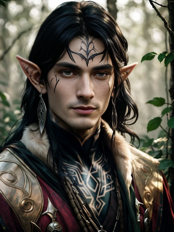 "((highly detailed, detailed eyes, detailed face, clear and realistic facial features, photorealistic, realistic light; cinematic)), (full body) gorgeous male Tuatha de Danann, ethereal-looking, wearing fine elven clothing for the hunt, black hair, intense eyes, hunting you, facial tattoo, face tattoo, brutal, scary, masculine, elven ears, seductive, smirking, looking at camera"