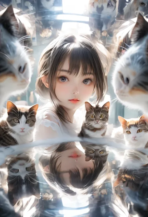 cute cat girl, multiple exposure, mirror effect, raw:1.2