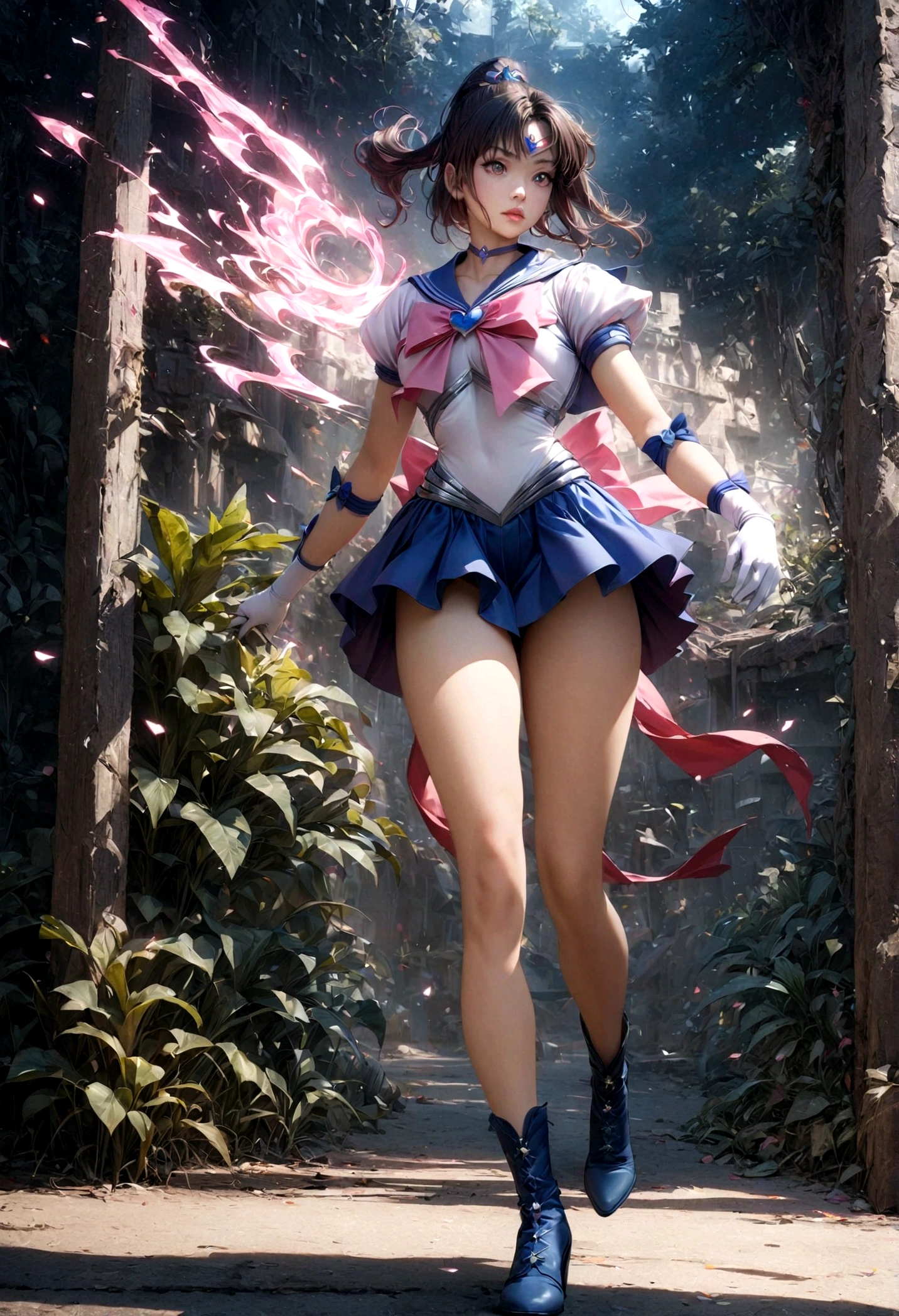 1girl, sailor Saturn, bishoujo senshi sailor moon, elegant detailed eyes, detailed facial features, long eyelashes, beautiful detailed lips, elegant detailed pose, highly detailed, masterpiece, 4k, hyper realistic, photorealistic, cinematic lighting, dynamic composition, intricate details, vibrant colors, soft dreamy atmosphere, magical girl fantasy, full body shot, SailorJupiter, magical girl