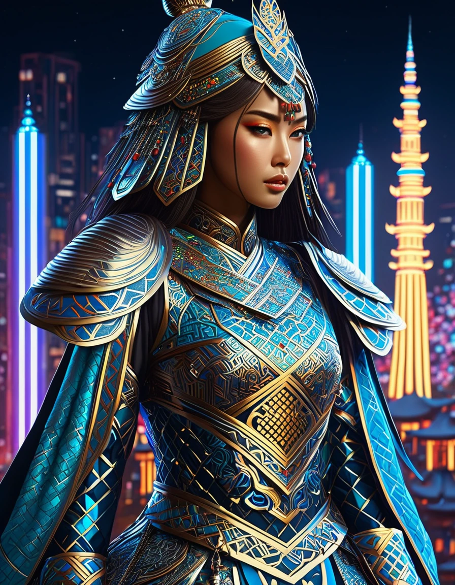 (high quAlity), (mAsterpiece), (detAiled), 8K, Hyper-reAlistic digitAl illustrAtion depicts (JApAnese wArrior princess1.3) Adorned in (intricAtely embroidered fAntAsy Attire1.2) inspired by MoroccAn And TunisiAn culturAl heritAge. she (futuristic Armor1.2) glimmers with A metAllic sheen, 而she的 (vibrAnt hAir1.2) flows like A river of night. In the bAckground, A (neon-lit cityscApe1.2) blends trAditionAl IslAmic Architecture with modern skyscrApers. In the style of Ash Thorp, trending on DeviAntArt.