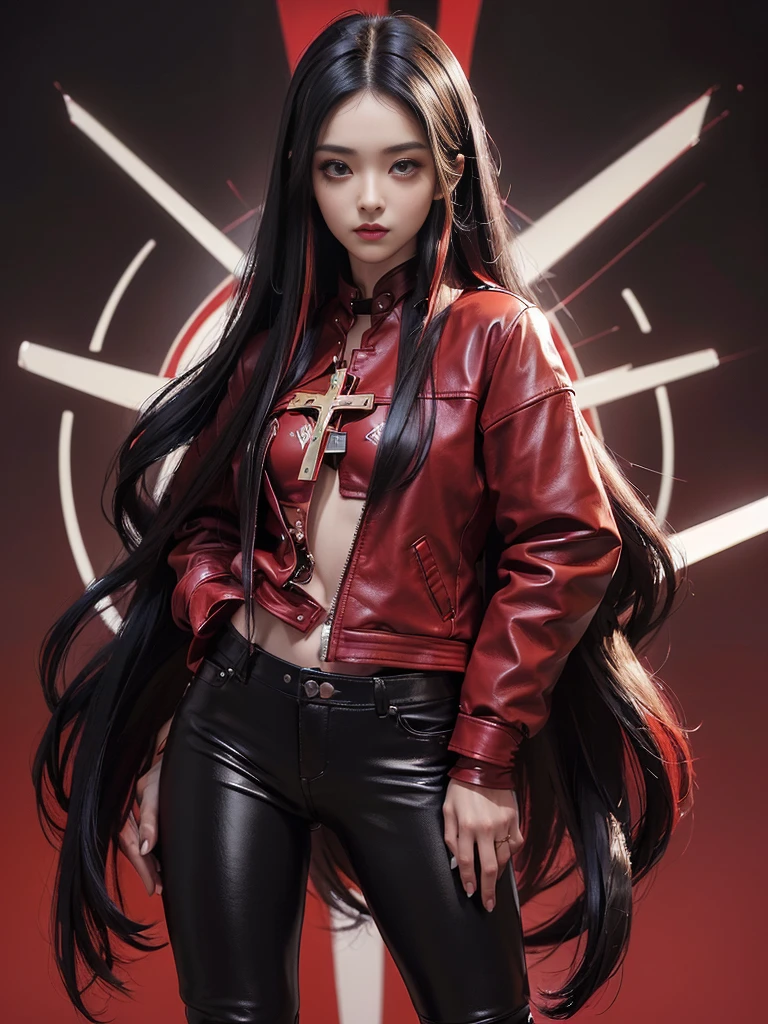 (best quality,4k,high resolution), Cool Girl、((Long straight black hair with red highlights、Red Jacket，Beautifully decorated、Umbilicus、Cross straps、Tight leather pants、))、Full body projection、Buttons、Battle scenes、Sharp eyes、glare、Red Eyeliner、Long eyelashes、Beautiful red eyes、Funny description、Kawaii illustration、Bustling background、