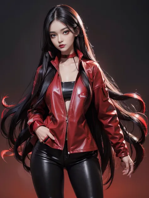 (best quality,4k,high resolution), Cool Girl、((Long straight black hair with red highlights、Red Jacket，Beautifully decorated、Umb...