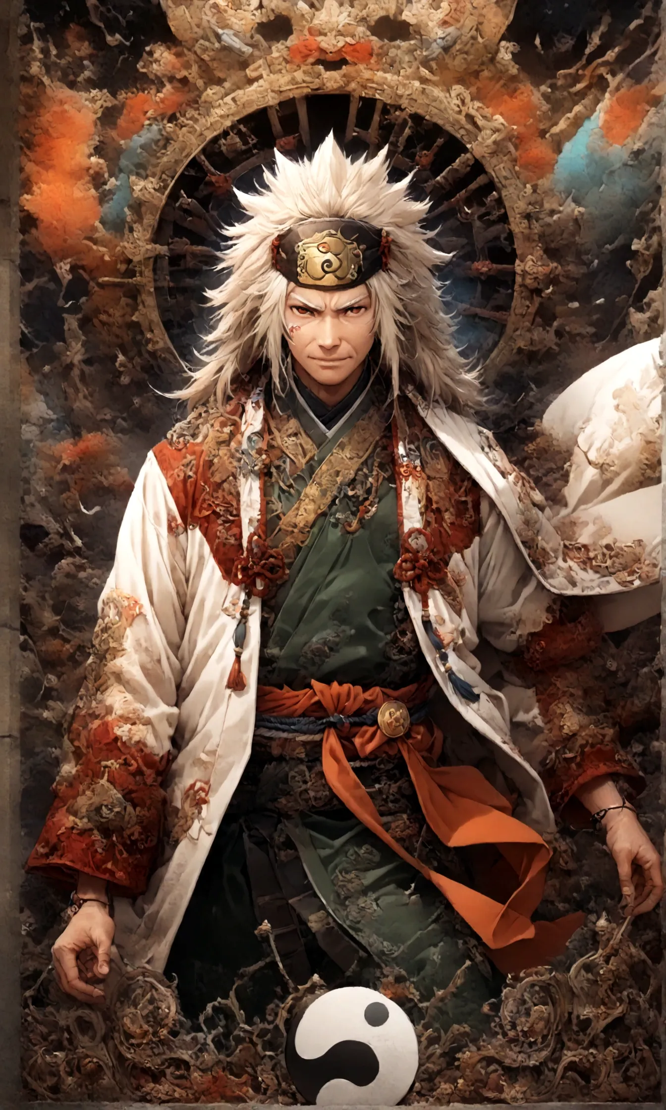 (1 middle-aged male,jiraiya,Green kimono,White Haori),solo,comics『NARUTO』Characters in,,Ninjutsuの使用,Battle Style,Cynical Smile,N...