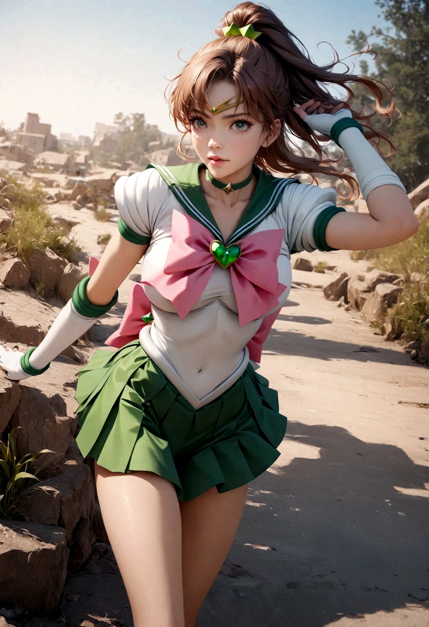 1girl, sailor jupiter, bishoujo senshi sailor moon, elegant detailed eyes, detailed facial features, long eyelashes, beautiful detailed lips, elegant detailed pose, highly detailed, masterpiece, 4k, hyper realistic, photorealistic, cinematic lighting, dynamic composition, intricate details, vibrant colors, soft dreamy atmosphere, magical girl fantasy, full body shot, SailorJupiter, magical girl,  sailor senshi uniform, leotard, miniskirt, green skirt