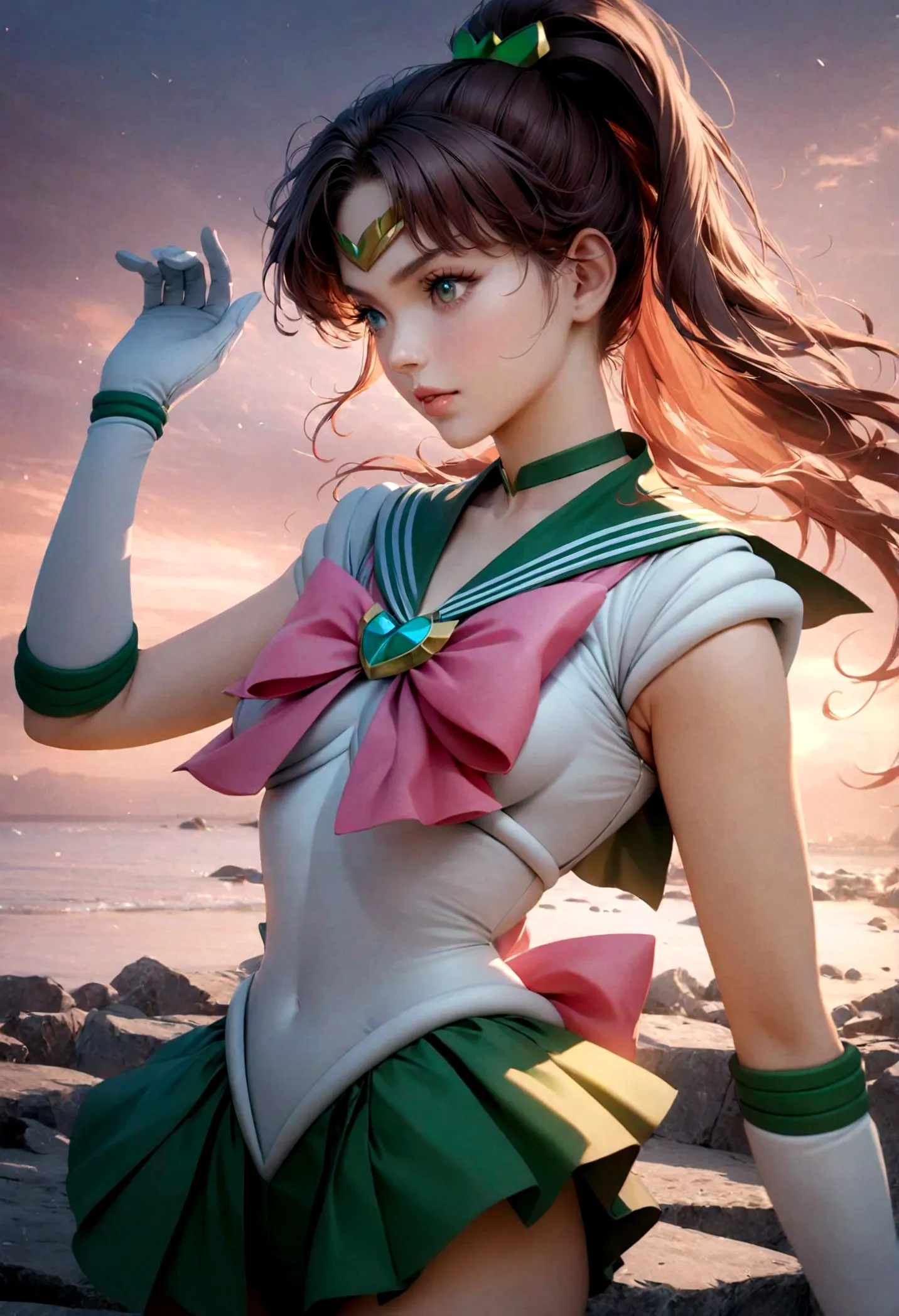 1girl, sailor jupiter, bishoujo senshi sailor moon, elegant detailed eyes, detailed facial features, long eyelashes, beautiful d...