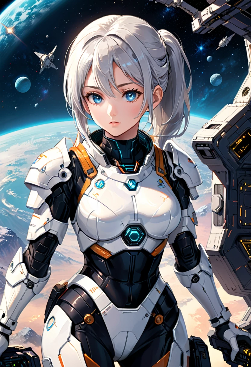 In a distant space station, a female warrior wearing a spacesuit and holding a communication device is commanding an interstellar defense battle. She remained calm and applied strategic thinking to protect human interests in outer space, (masterpiece, best quality, Professional, perfect composition, very aesthetic, absurdres, ultra-detailed, intricate details:1.3)