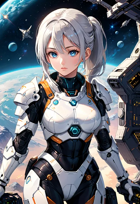 In a distant space station, a female warrior wearing a spacesuit and holding a communication device is commanding an interstella...