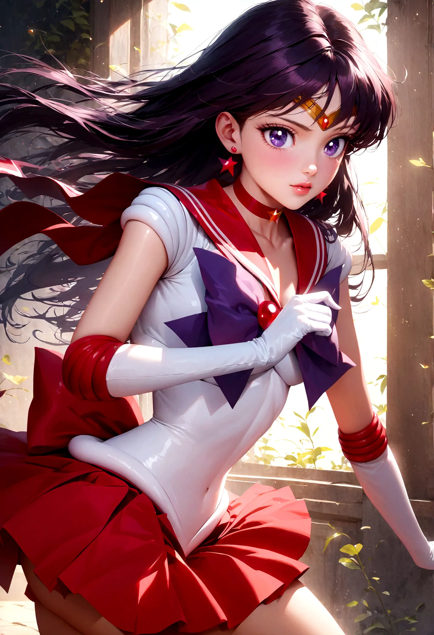 1girl, sailor mars, bishoujo senshi sailor moon, elegant detailed eyes, detailed facial features, long eyelashes, beautiful deta...