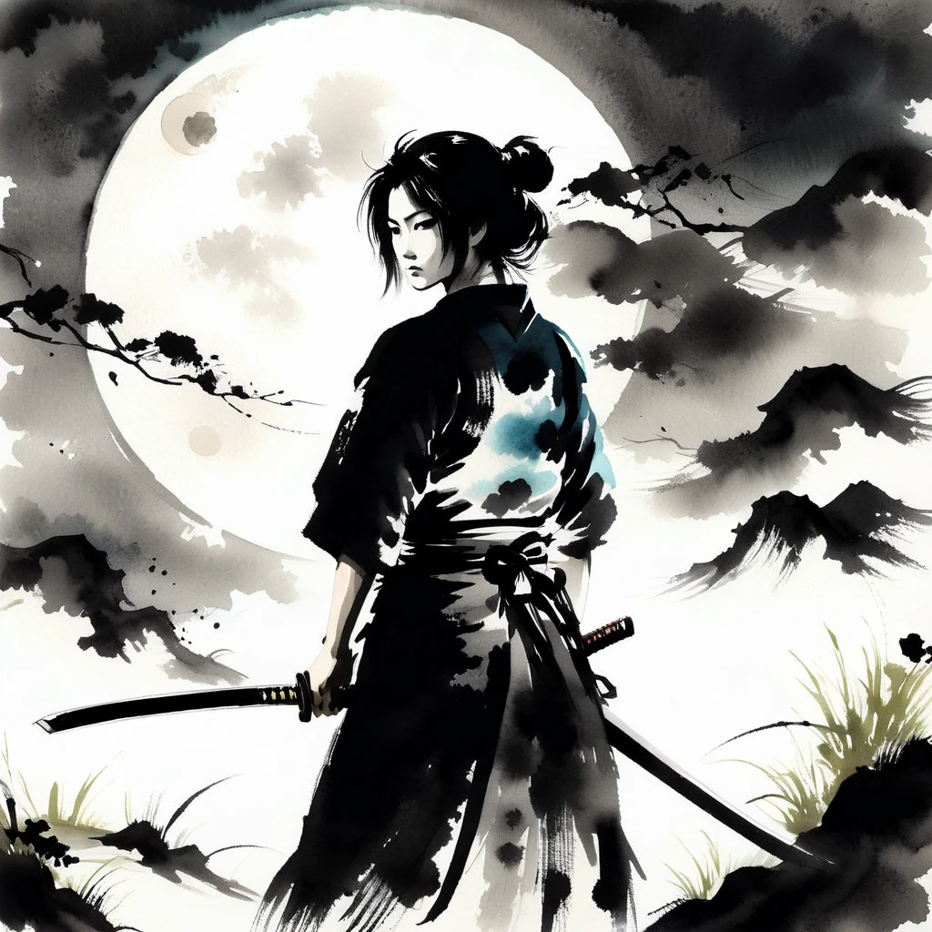 1girl, Samurai,solo, looking at viewer,  Watercolor style,Japanese sword,sumi-e, masterpiece,best quality,extremely detailed,fine details,Zoom in,Beautiful posture,full moon,grassland