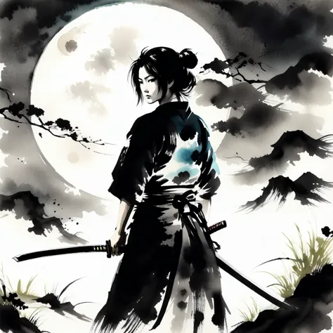 1girl, samurai,solo, looking at viewer,  watercolor style,japanese sword,sumi-e, masterpiece,best quality,extremely detailed,fin...