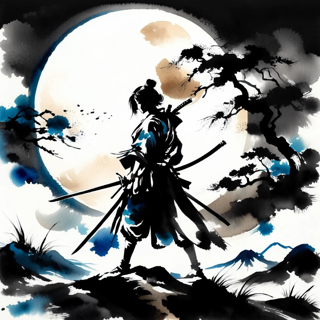 1girl, Samurai,solo, looking at viewer,  Watercolor style,Japanese sword,sumi-e, masterpiece,best quality,extremely detailed,fine details,Zoom in,Beautiful posture,full moon,grassland